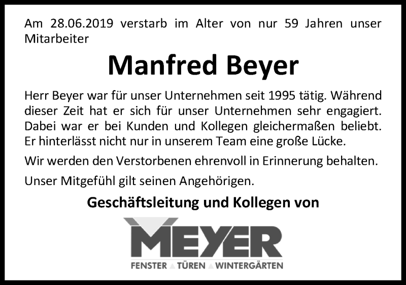  Traueranzeige für Manfred Beyer vom 05.07.2019 aus Nordwest-Zeitung