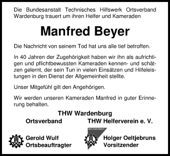 Traueranzeige von Manfred Beyer von Nordwest-Zeitung