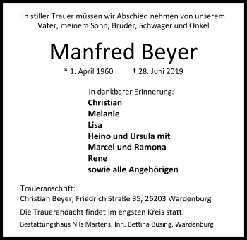 Traueranzeige von Manfred Beyer von Nordwest-Zeitung