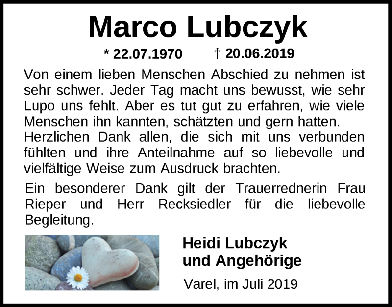 Traueranzeige für Marco Lubczyk vom 27.07.2019 aus Nordwest-Zeitung