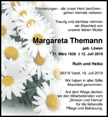 Traueranzeige von Margareta Themann von Nordwest-Zeitung