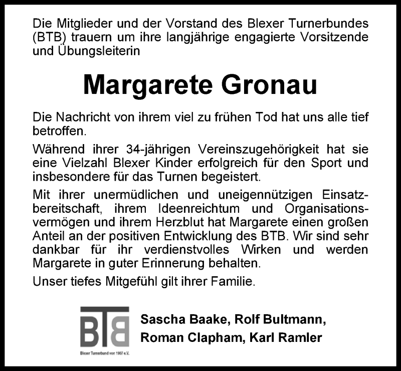  Traueranzeige für Margarete Johanna Gronau vom 09.07.2019 aus Nordwest-Zeitung