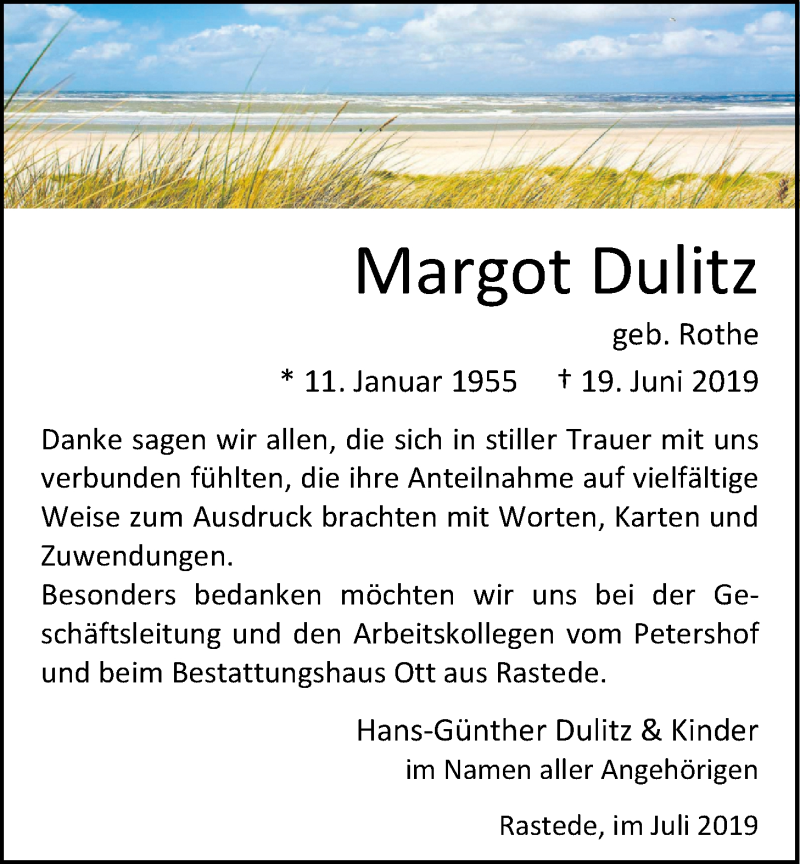  Traueranzeige für Margot Dulitz vom 27.07.2019 aus Nordwest-Zeitung