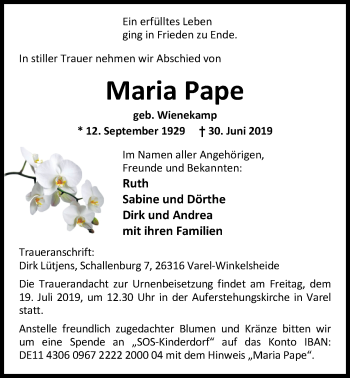 Traueranzeige von Maria Pape von Nordwest-Zeitung