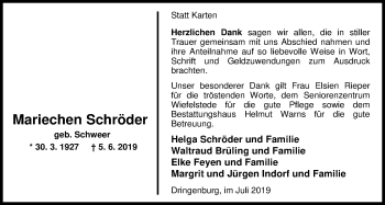 Traueranzeige von Mariechen Schröder von Nordwest-Zeitung