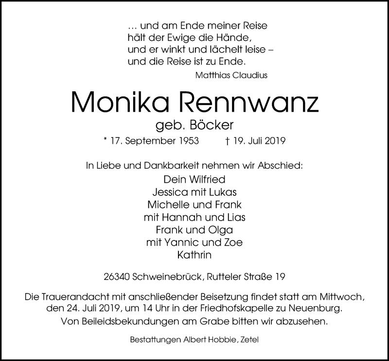  Traueranzeige für Monika Rennwanz vom 22.07.2019 aus Nordwest-Zeitung