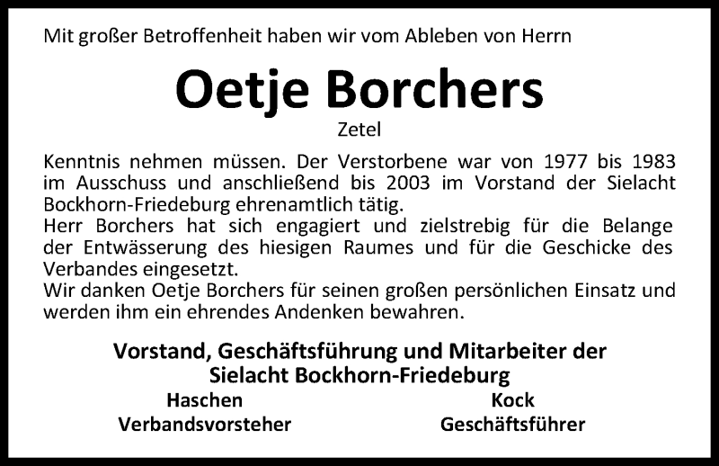  Traueranzeige für Oetje Borchers vom 24.07.2019 aus Nordwest-Zeitung
