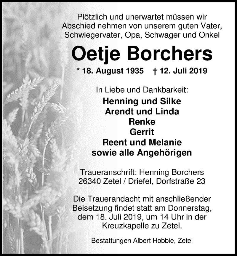  Traueranzeige für Oetje Borchers vom 15.07.2019 aus Nordwest-Zeitung