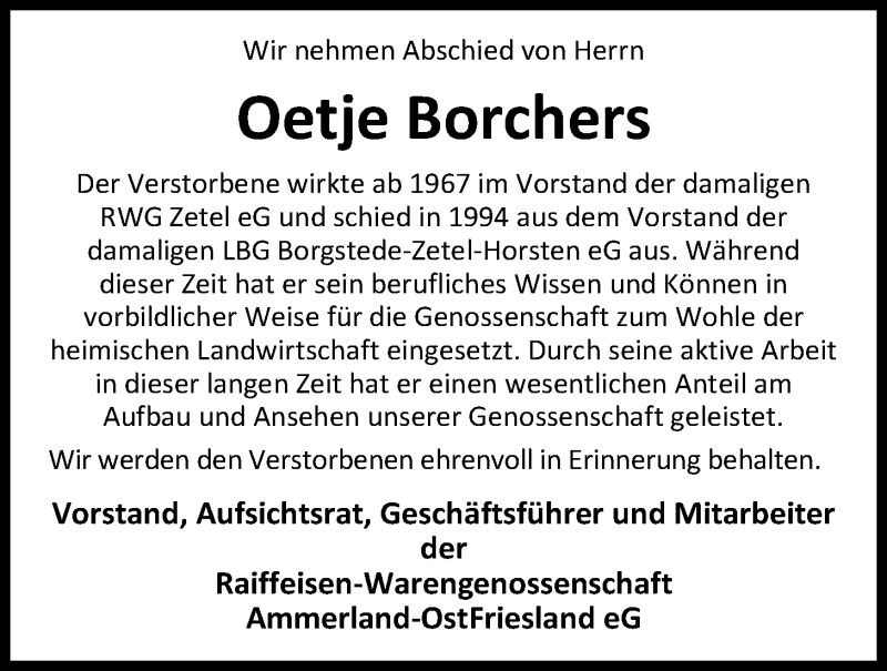  Traueranzeige für Oetje Borchers vom 22.07.2019 aus Nordwest-Zeitung