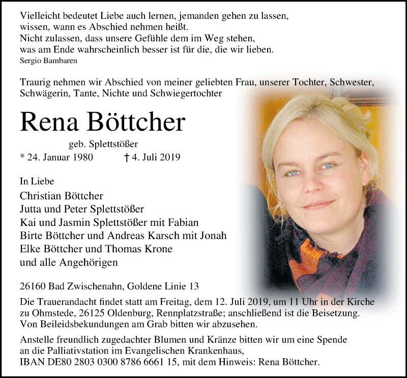  Traueranzeige für Rena Böttcher vom 09.07.2019 aus Nordwest-Zeitung