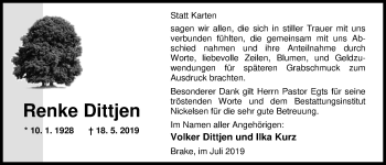 Traueranzeige von Renke Dittjen von Nordwest-Zeitung