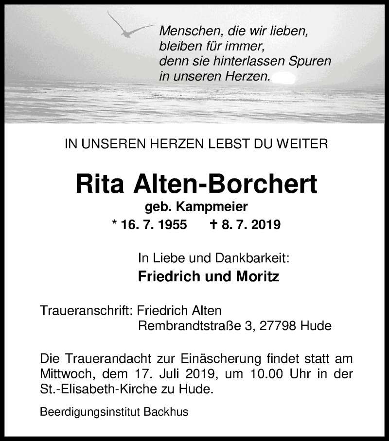  Traueranzeige für Rita Alten-Borchert vom 11.07.2019 aus Nordwest-Zeitung