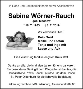 Traueranzeige von Sabine Wörner-Rauch von Nordwest-Zeitung