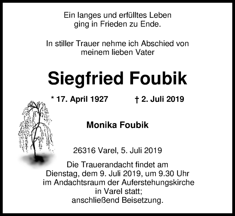  Traueranzeige für Siegfried Foubik vom 05.07.2019 aus Nordwest-Zeitung