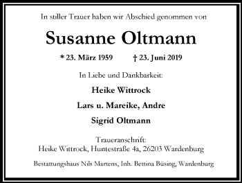 Traueranzeige von Susanne Oltmann von Nordwest-Zeitung