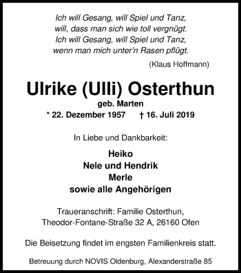 Traueranzeige von Ulrike Osterthun von Nordwest-Zeitung