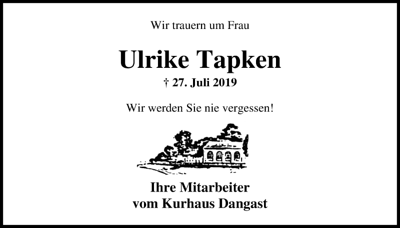  Traueranzeige für Ulrike Tapken vom 31.07.2019 aus Nordwest-Zeitung