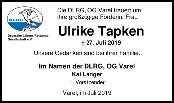 Traueranzeige von Ulrike Tapken von Nordwest-Zeitung