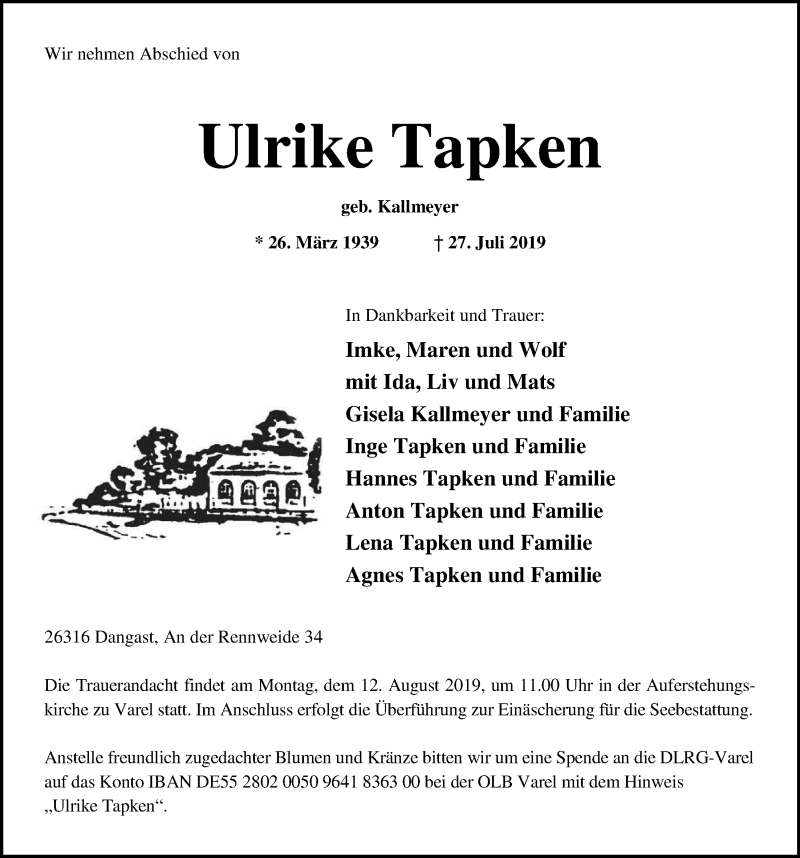  Traueranzeige für Ulrike Tapken vom 31.07.2019 aus Nordwest-Zeitung