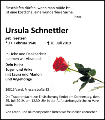 Traueranzeige von Ursula Schnettler von Nordwest-Zeitung
