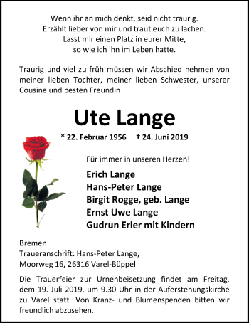 Traueranzeige von Ute Lange von Nordwest-Zeitung