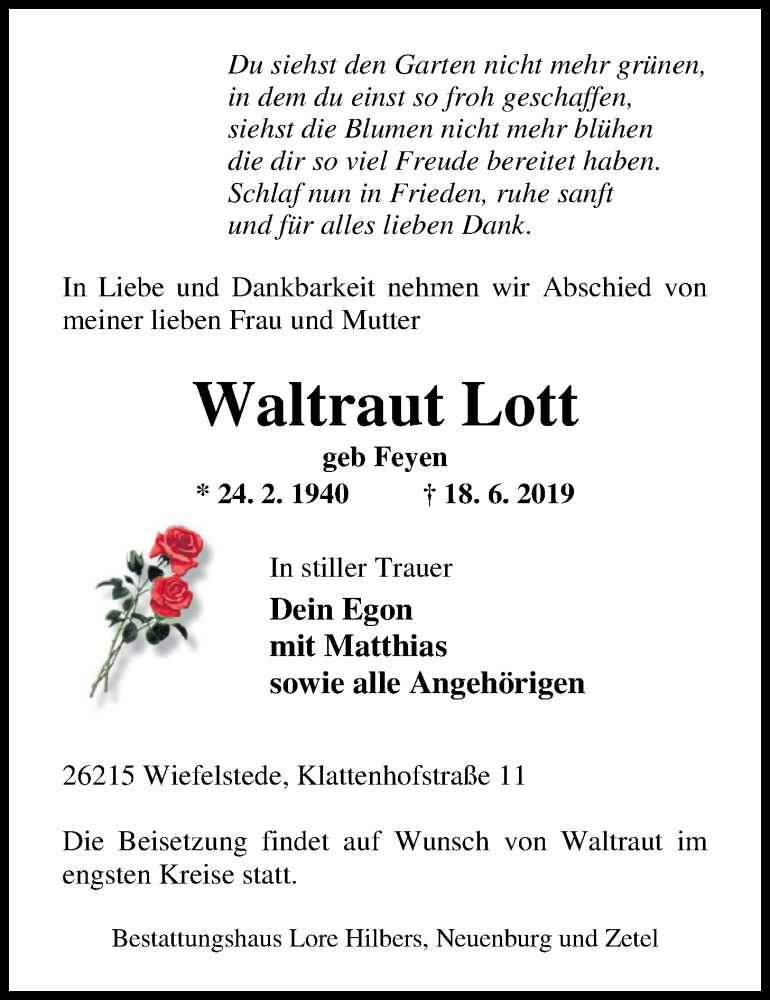  Traueranzeige für Waltraut Lott vom 08.07.2019 aus Nordwest-Zeitung