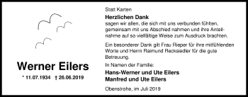 Traueranzeige von Werner Eilers von Nordwest-Zeitung