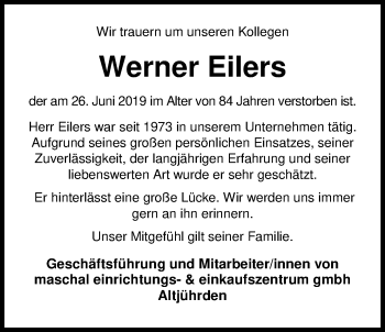 Traueranzeige von Werner Eilers von Nordwest-Zeitung