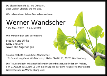 Traueranzeige von Werner Wandscher von Nordwest-Zeitung