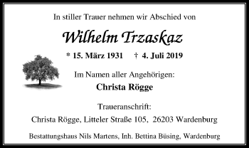 Traueranzeige von Wilhelm Trzaskaz von Nordwest-Zeitung