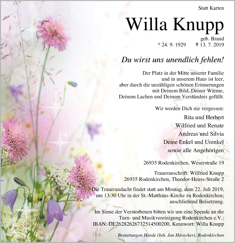  Traueranzeige für Willa Knupp vom 16.07.2019 aus Nordwest-Zeitung