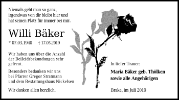 Traueranzeige von Willi Bäker von Nordwest-Zeitung