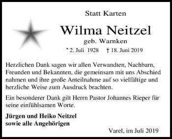 Traueranzeige von Wilma Neitzel von Nordwest-Zeitung
