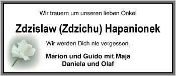 Traueranzeige von Zdzislaw Hapanionek von Nordwest-Zeitung