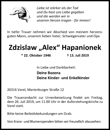 Traueranzeige von Zdzislaw Hapanionek von Nordwest-Zeitung