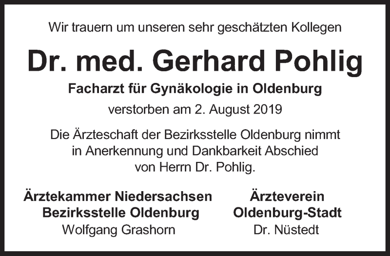  Traueranzeige für Dr. Gerhard Pohlig vom 28.08.2019 aus Nordwest-Zeitung