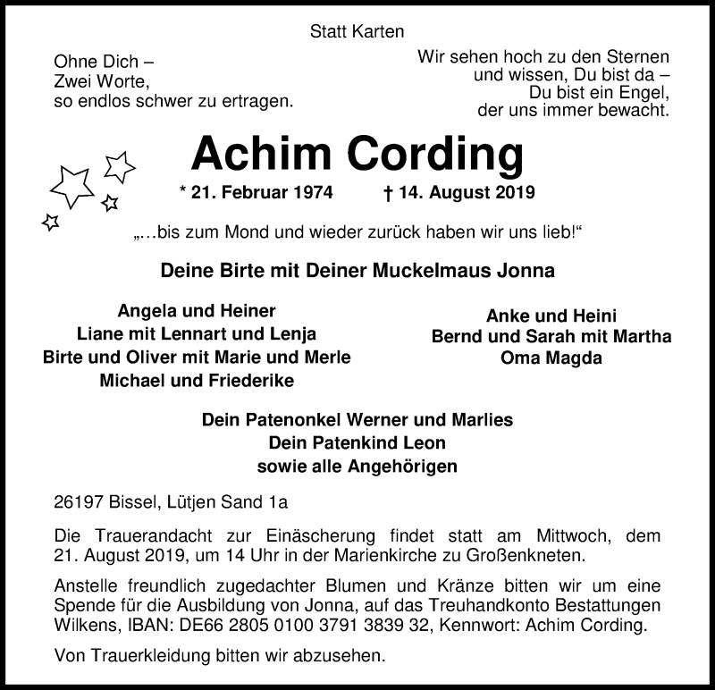  Traueranzeige für Achim Cording vom 19.08.2019 aus Nordwest-Zeitung