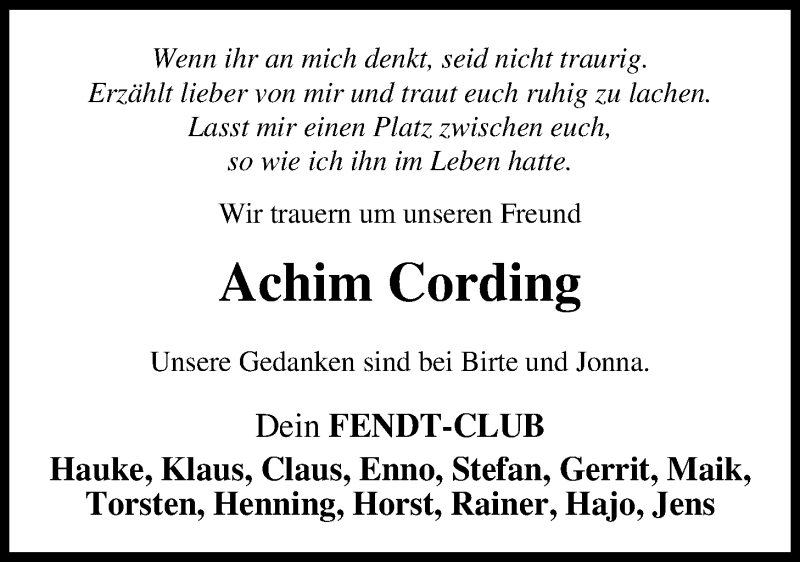  Traueranzeige für Achim Cording vom 19.08.2019 aus Nordwest-Zeitung