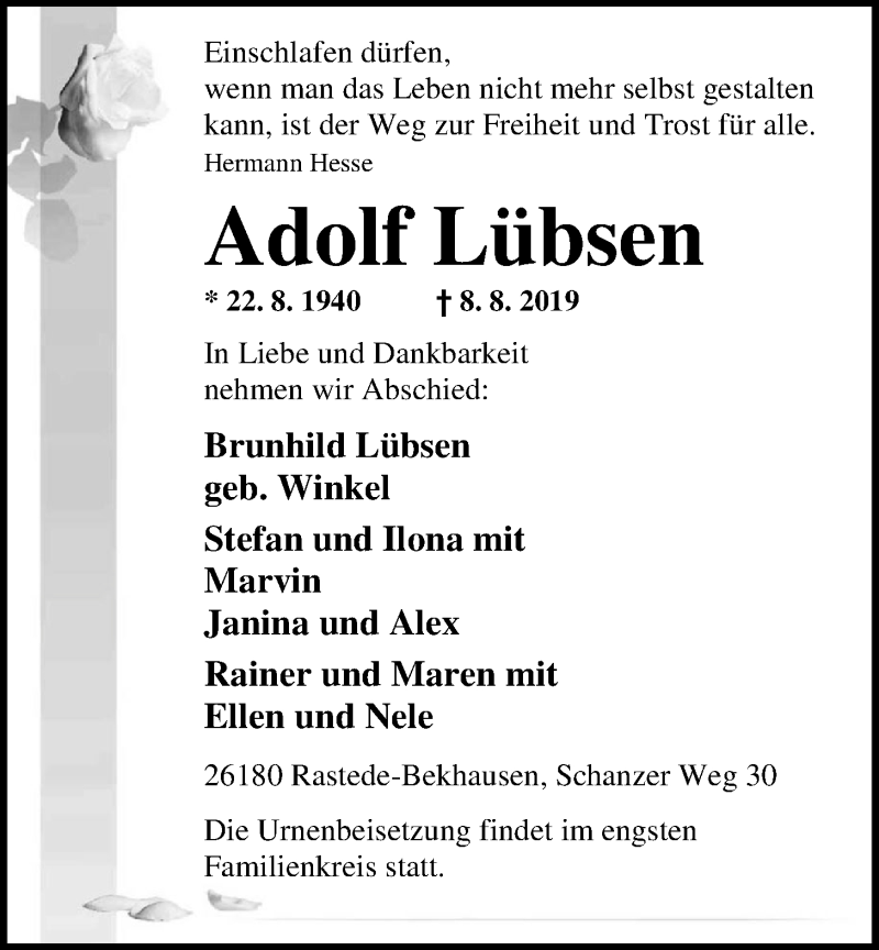  Traueranzeige für Adolf Lübsen vom 13.08.2019 aus Nordwest-Zeitung