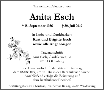Traueranzeige von Anita Esch von Nordwest-Zeitung