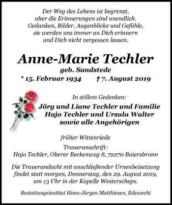 Traueranzeige von Anne-Marie Techler von Nordwest-Zeitung