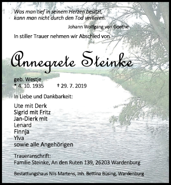 Traueranzeige von Annegrete Steinke von Nordwest-Zeitung