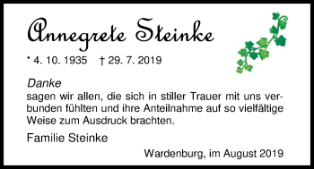 Traueranzeige von Annegrete Steinke von Nordwest-Zeitung