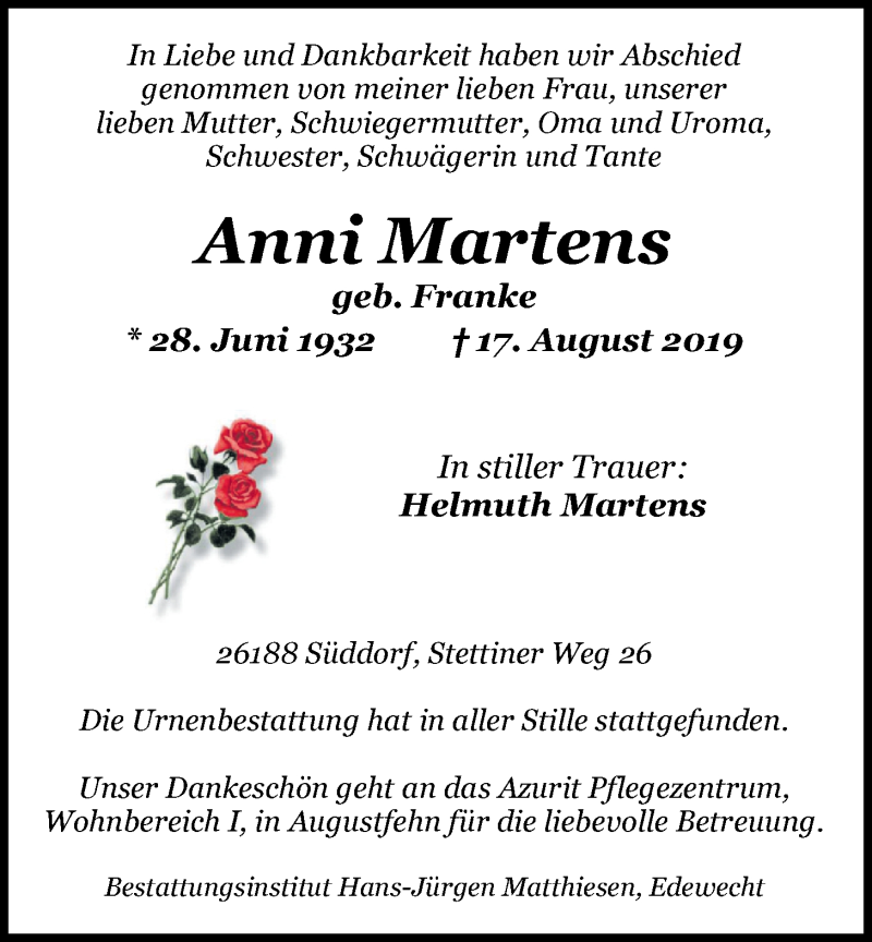  Traueranzeige für Anni Martens vom 31.08.2019 aus Nordwest-Zeitung