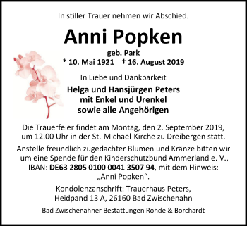 Traueranzeige von Anni Popken von Nordwest-Zeitung