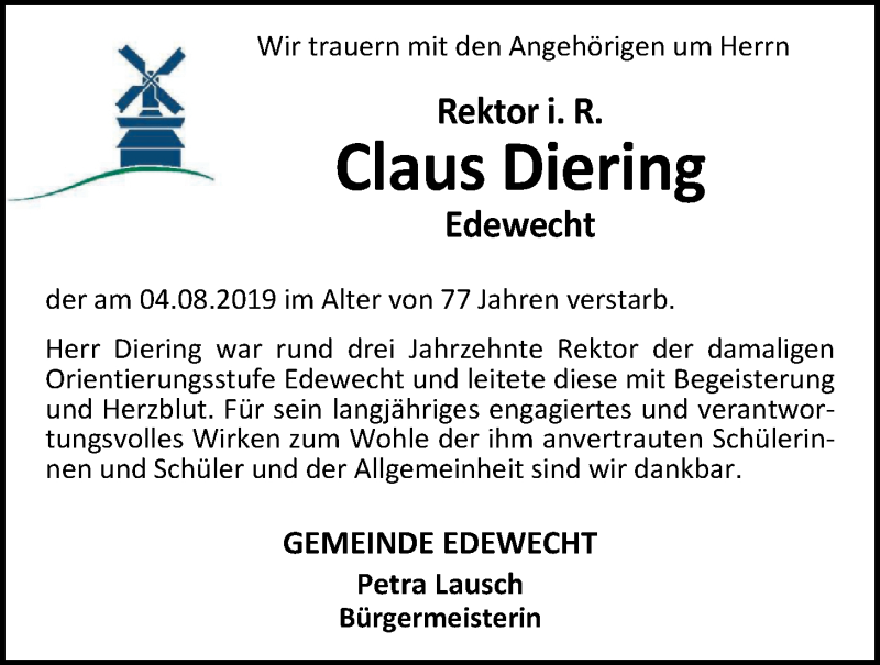  Traueranzeige für Claus Diering vom 09.08.2019 aus Nordwest-Zeitung