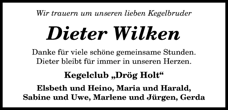  Traueranzeige für Dieter Wilken vom 13.08.2019 aus Nordwest-Zeitung