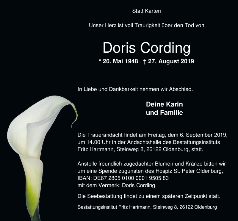  Traueranzeige für Doris Cording vom 31.08.2019 aus Nordwest-Zeitung