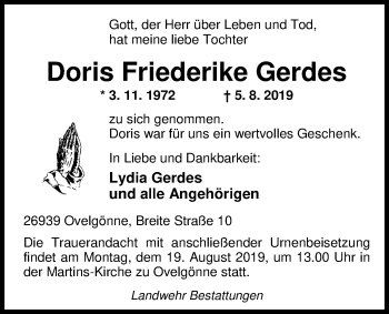 Traueranzeige von Doris Friederike Gerdes von Nordwest-Zeitung