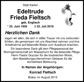 Traueranzeige von Edeltrude Frieda Fieltsch von Nordwest-Zeitung